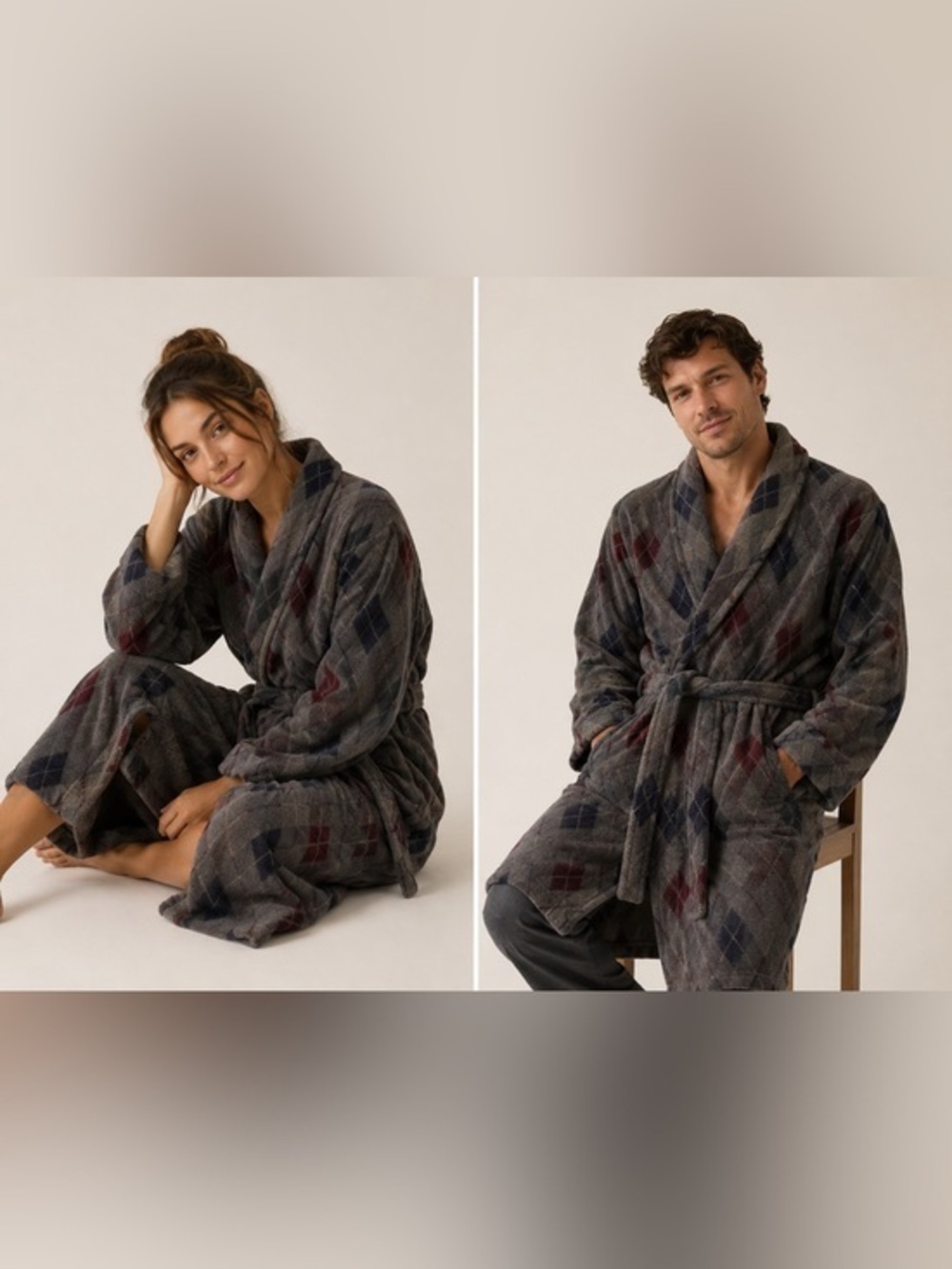 Puritan 100% Cotton Plaid Bath Robe One Size Gray Unisex Lounge Travel Vintage